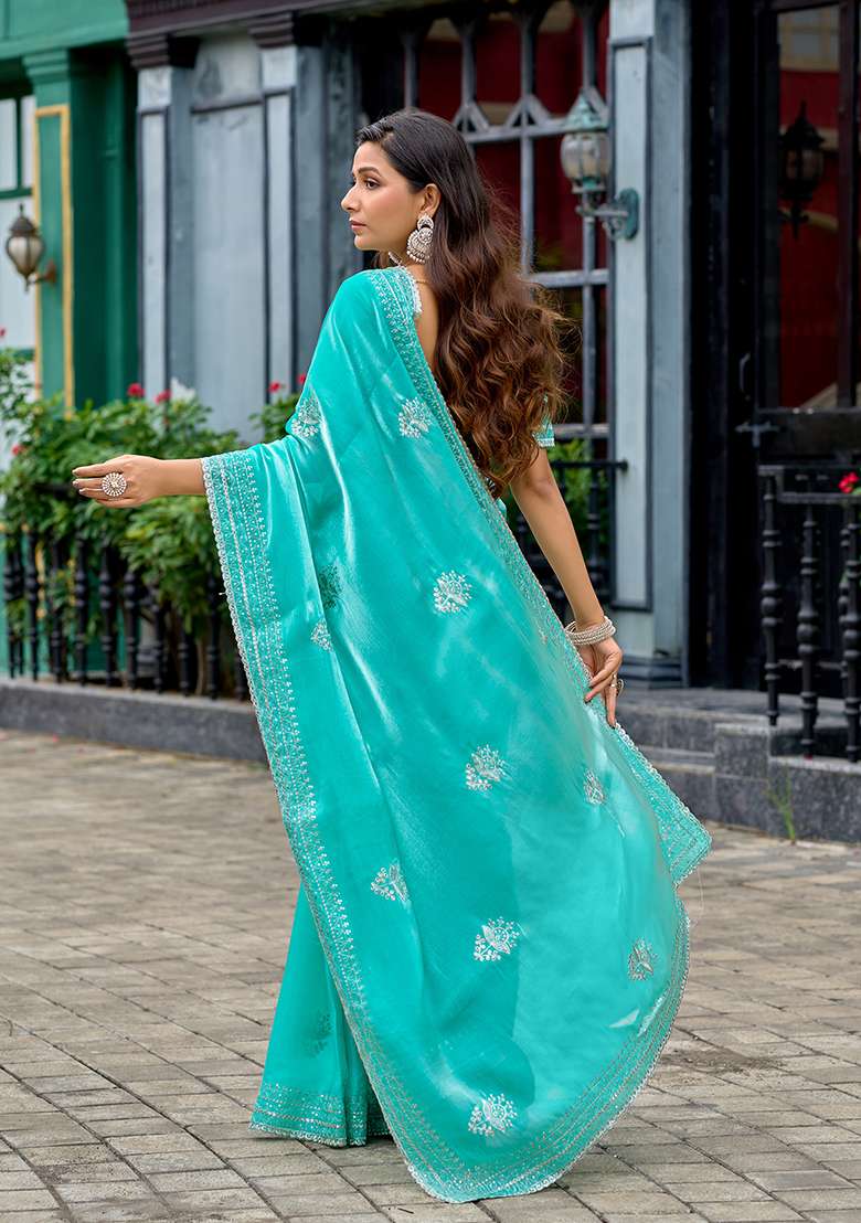 Turquoise Embroidery Shimmer Chiffon Saree Set for Diwali and Festive Wear - Indya