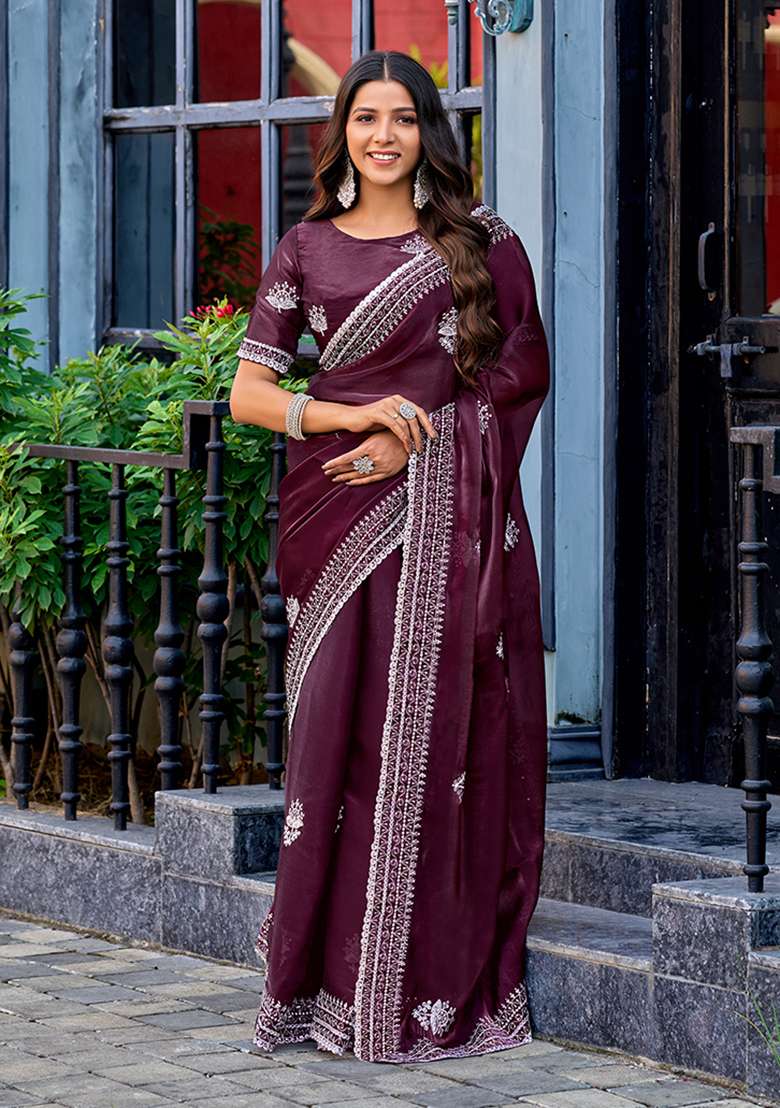 Wine Embroidery Shimmer Chiffon Saree Set for Diwali and Festive Wear - Indya