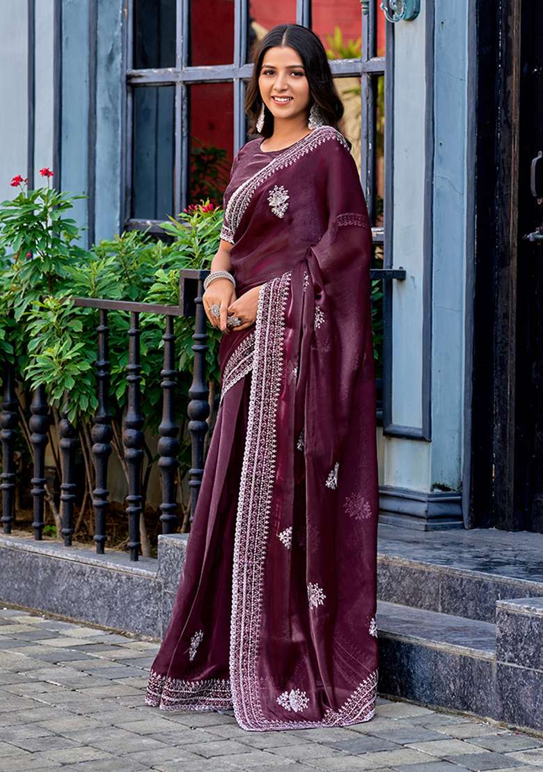 Wine Embroidery Shimmer Chiffon Saree Set for Diwali and Festive Wear - Indya