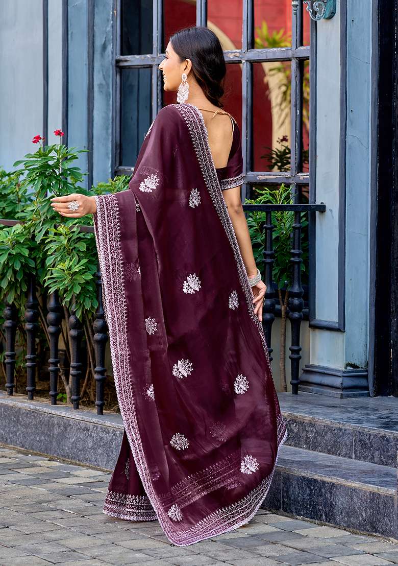 Wine Embroidery Shimmer Chiffon Saree Set for Diwali and Festive Wear - Indya