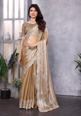 Beige Embroidery Shimmer Chiffon Saree Set
