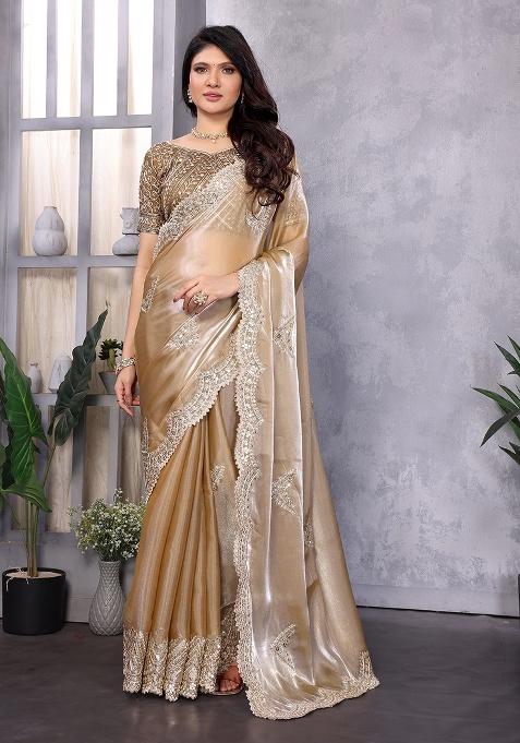 Beige Embroidery Shimmer Chiffon Saree Set