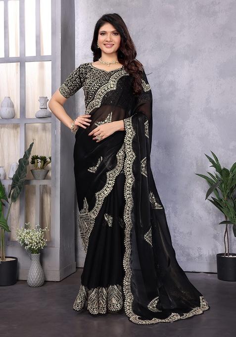 Black Embroidery Shimmer Chiffon Saree Set