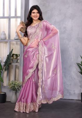 Lavender Embroidery Shimmer Chiffon Saree Set