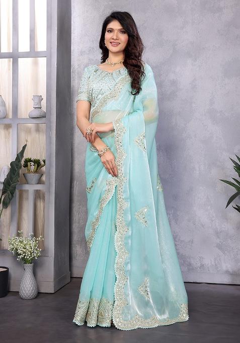 Sky Blue Embroidery Shimmer Chiffon Saree Set