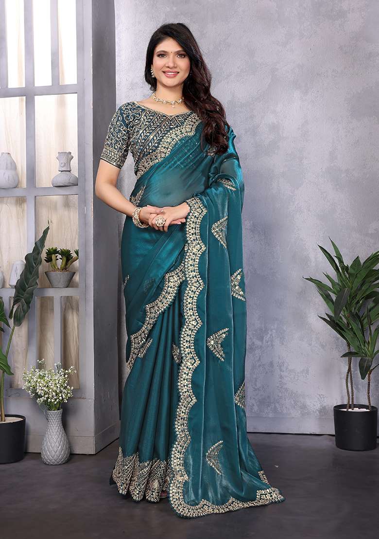 Teal Blue Embroidery Shimmer Chiffon Saree Set for Diwali and Festive Wear - Indya