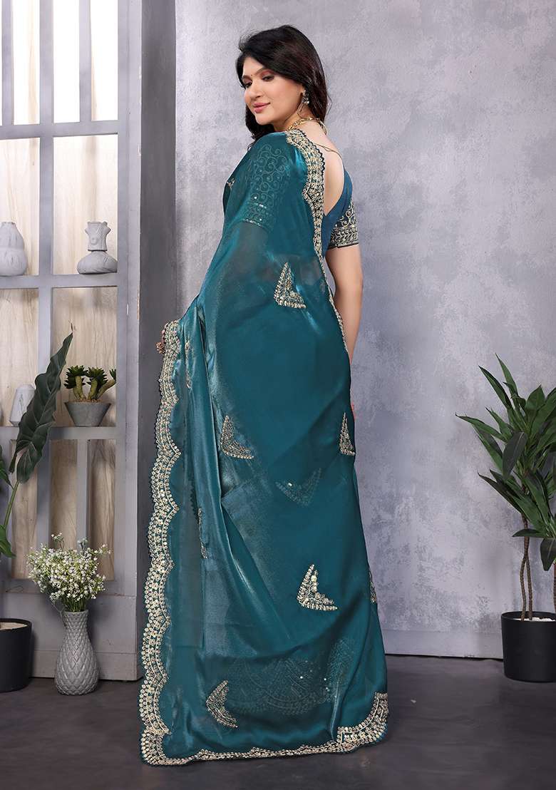 Teal Blue Embroidery Shimmer Chiffon Saree Set for Diwali and Festive Wear - Indya