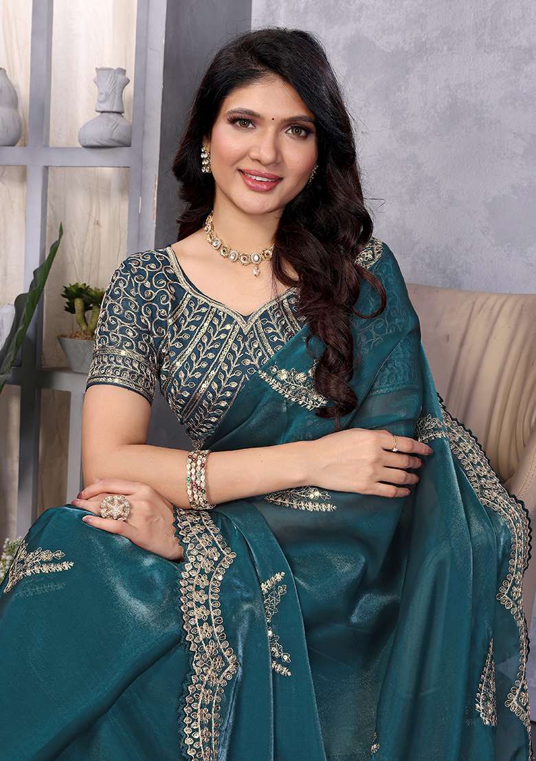 Teal Blue Embroidery Shimmer Chiffon Saree Set for Diwali and Festive Wear - Indya