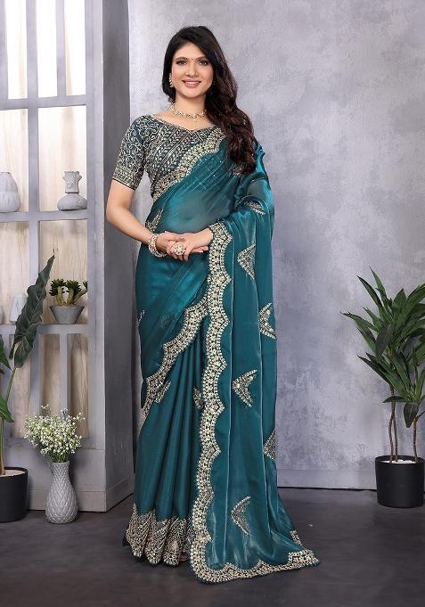 Teal Blue Embroidery Shimmer Chiffon Saree Set