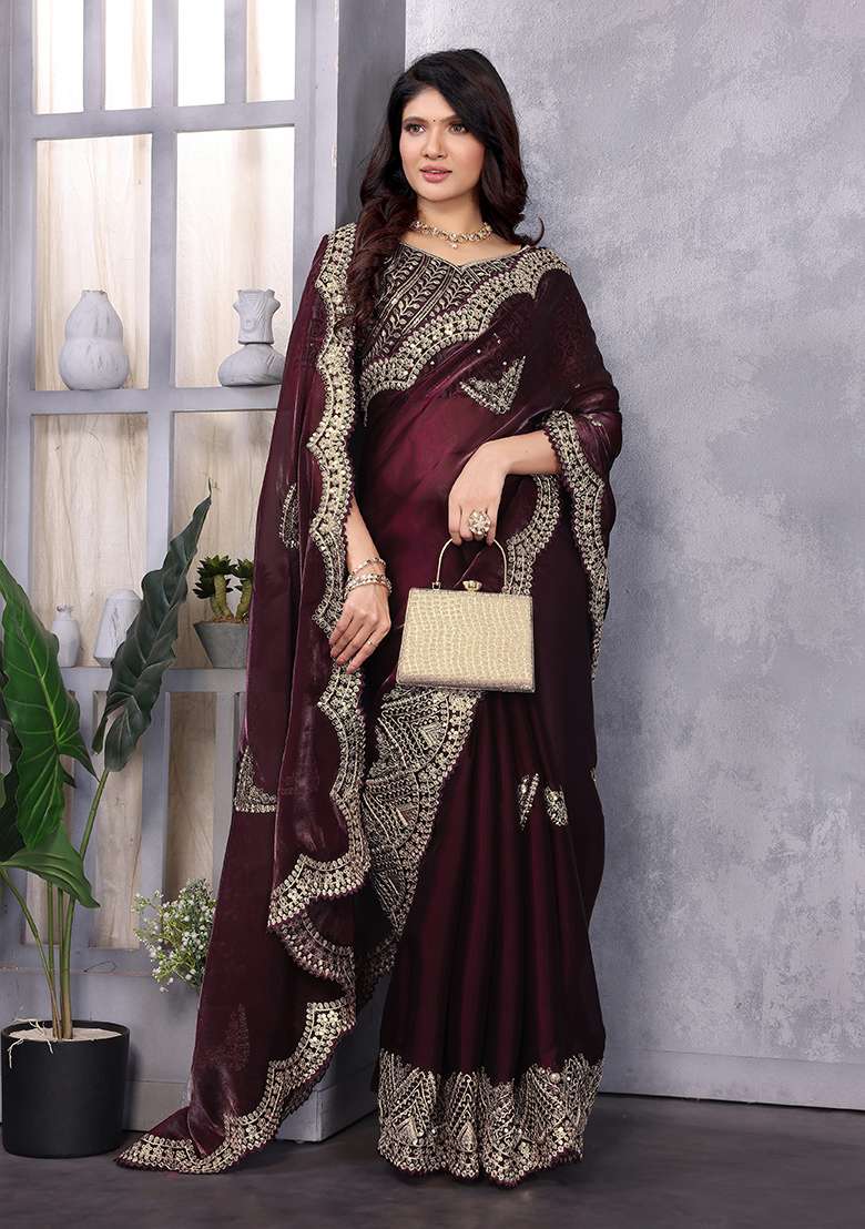 Wine Embroidery Shimmer Chiffon Saree Set - Indya