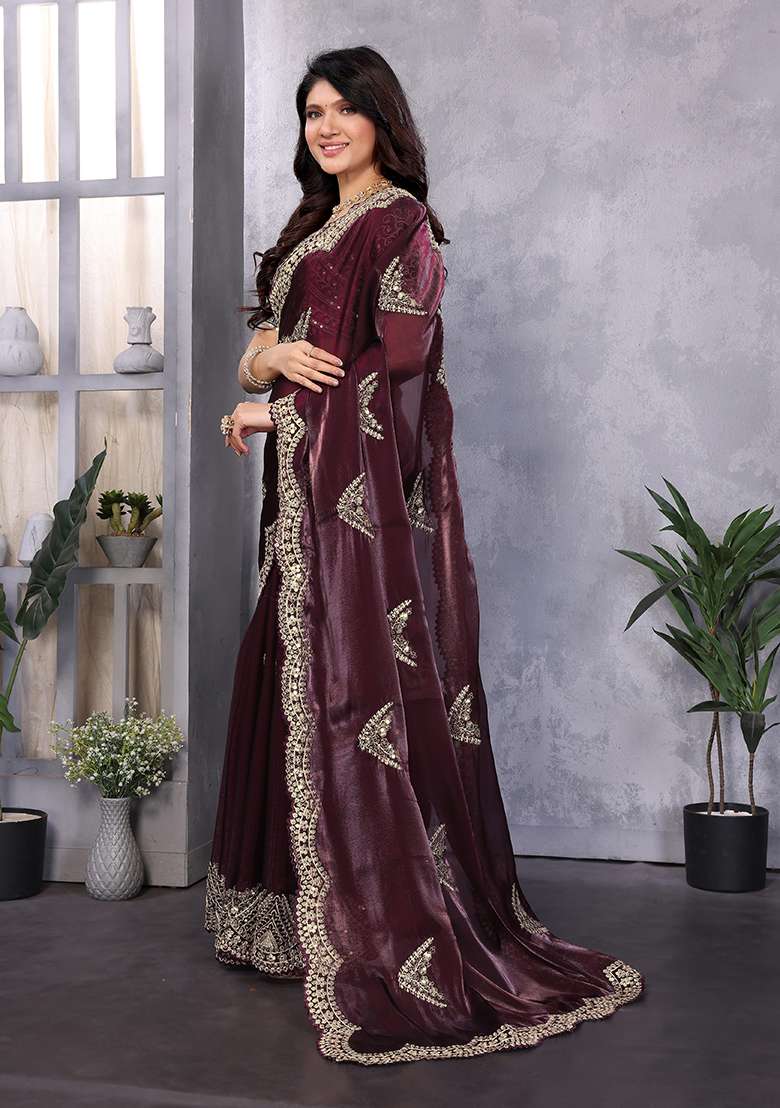 Wine Embroidery Shimmer Chiffon Saree Set - Indya