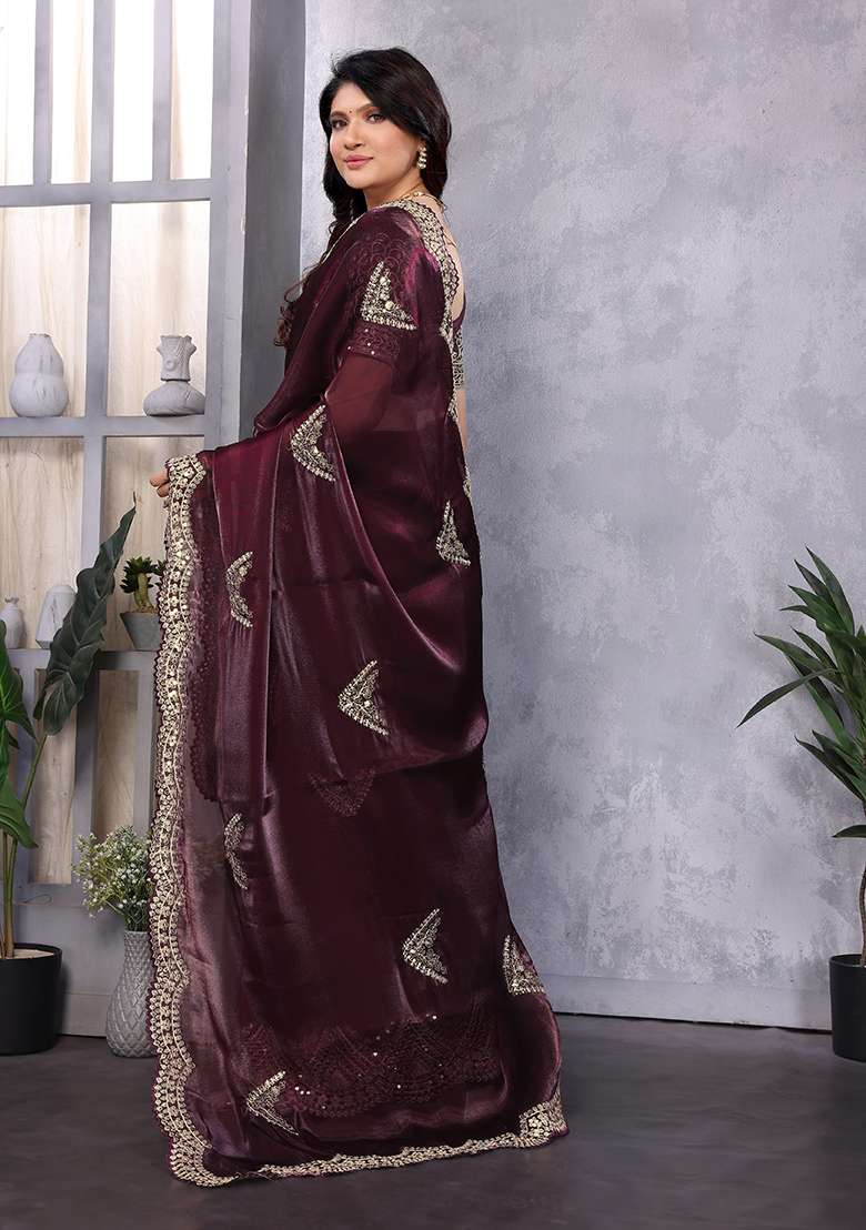 Wine Embroidery Shimmer Chiffon Saree Set - Indya