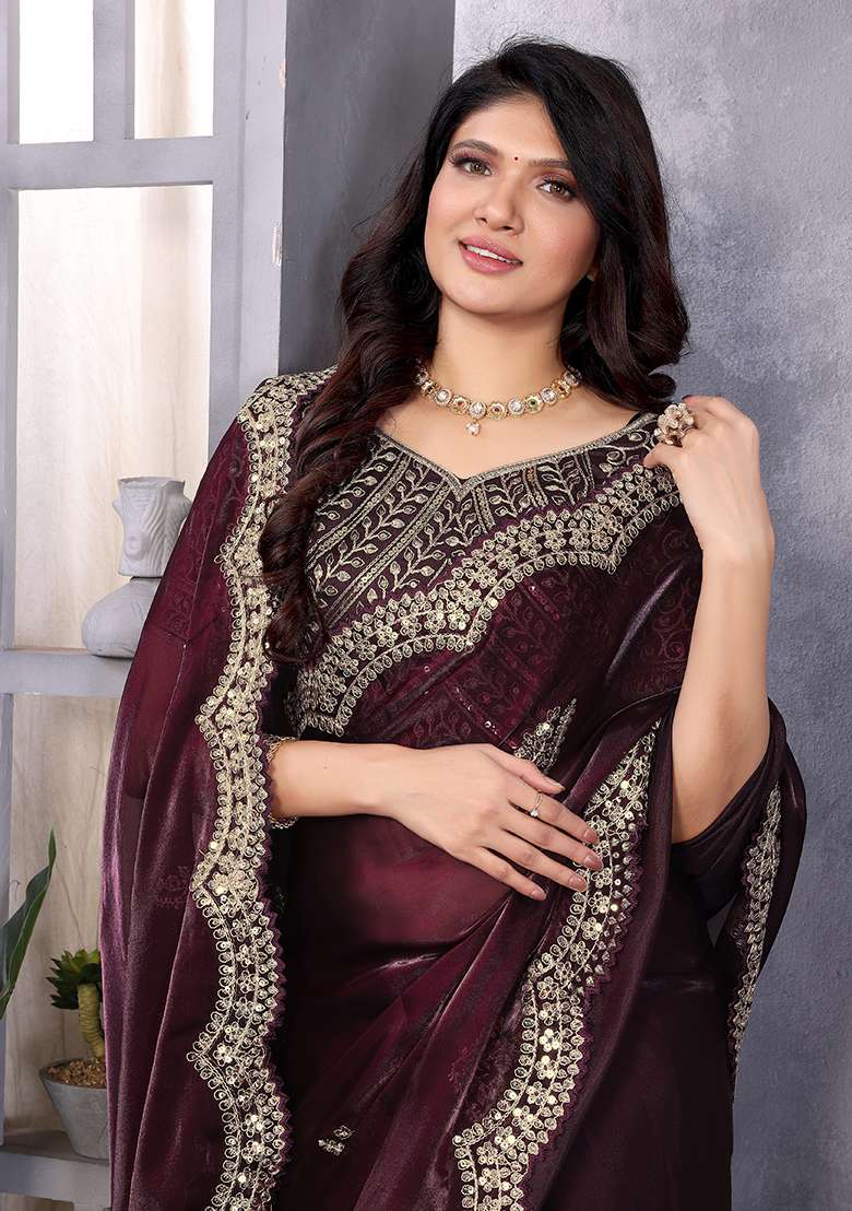 Wine Embroidery Shimmer Chiffon Saree Set - Indya