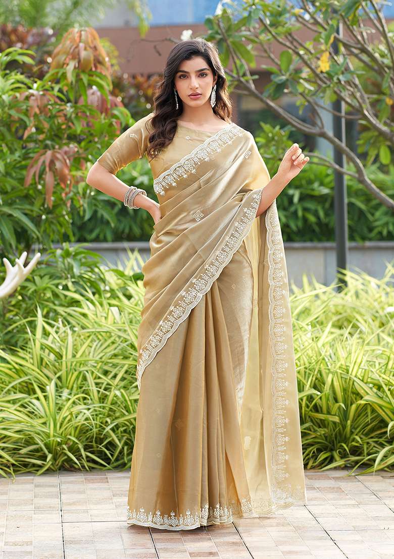 Beige Embroidery Shimmer Chiffon Saree Set for Diwali and Festive Wear - Indya