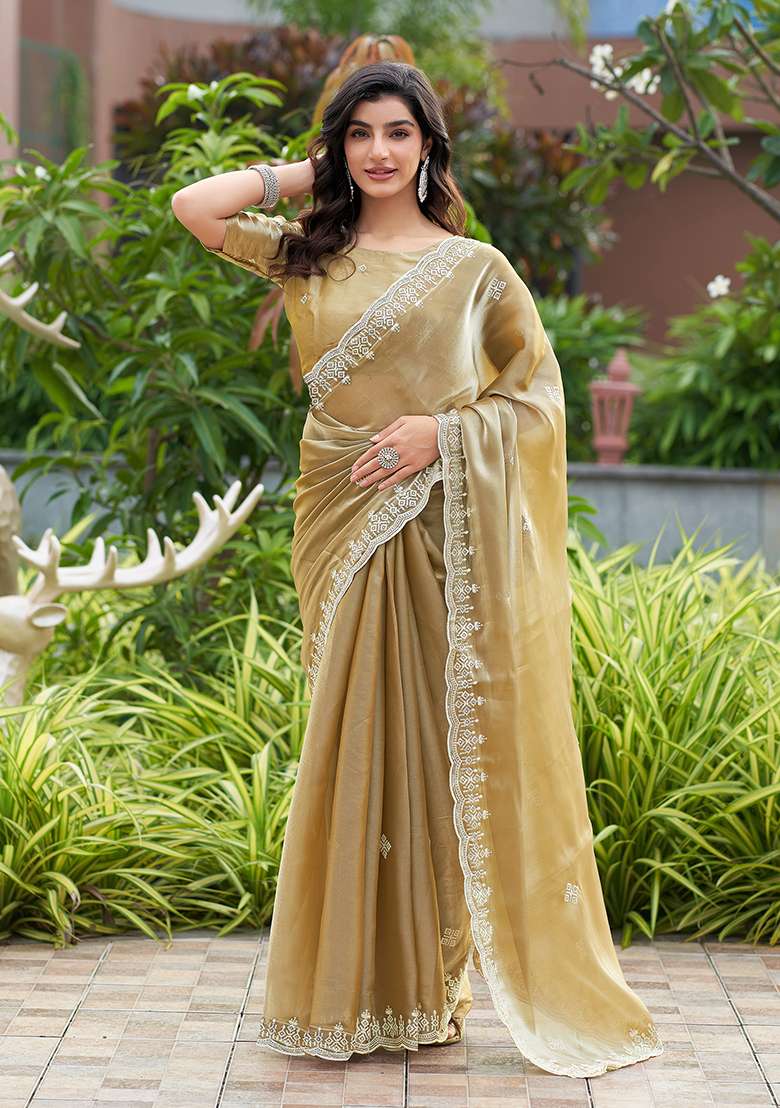 Beige Embroidery Shimmer Chiffon Saree Set for Diwali and Festive Wear - Indya