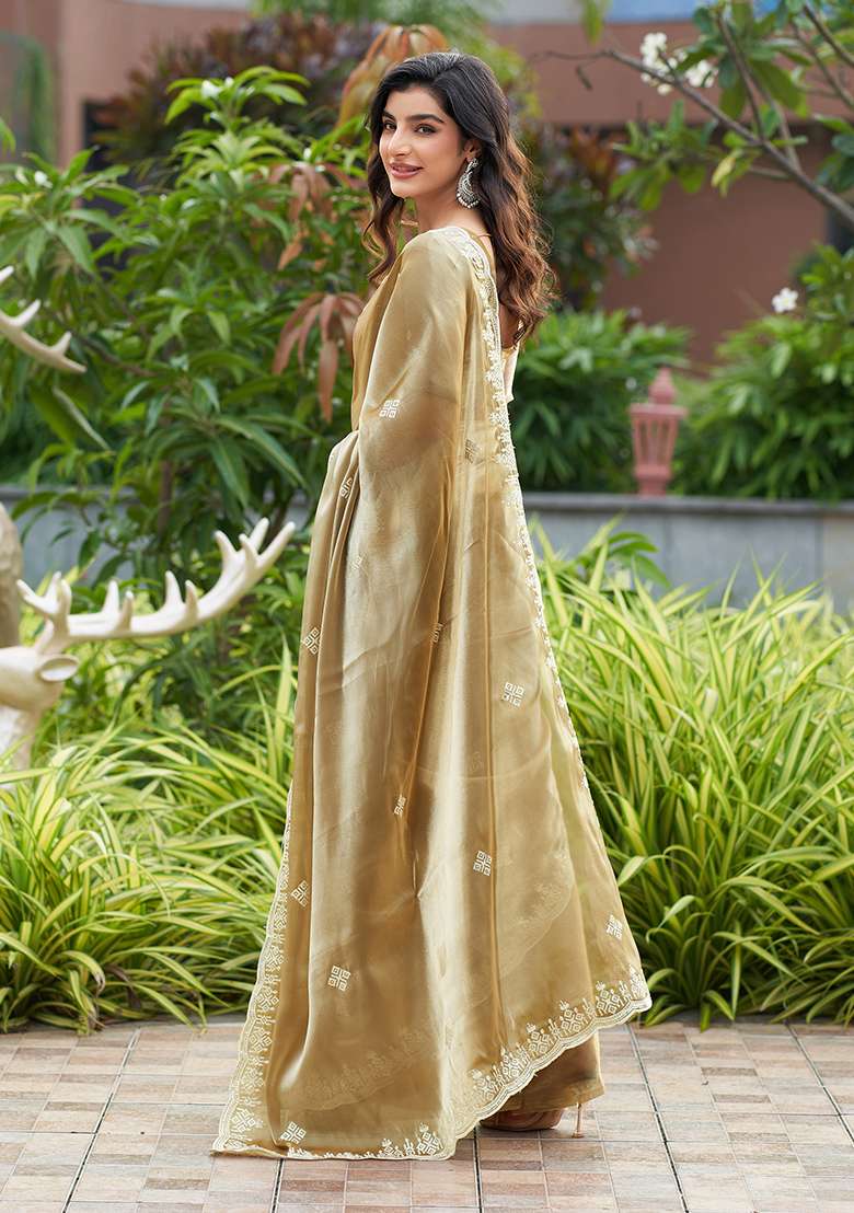Beige Embroidery Shimmer Chiffon Saree Set for Diwali and Festive Wear - Indya