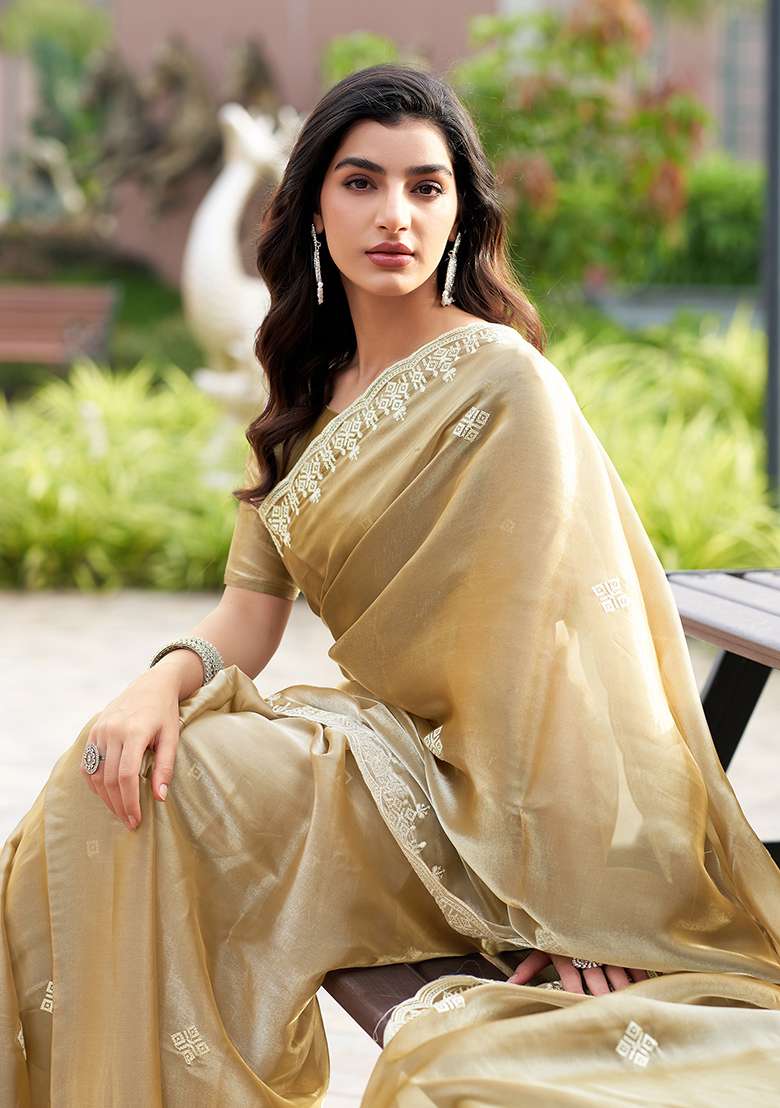 Beige Embroidery Shimmer Chiffon Saree Set for Diwali and Festive Wear - Indya