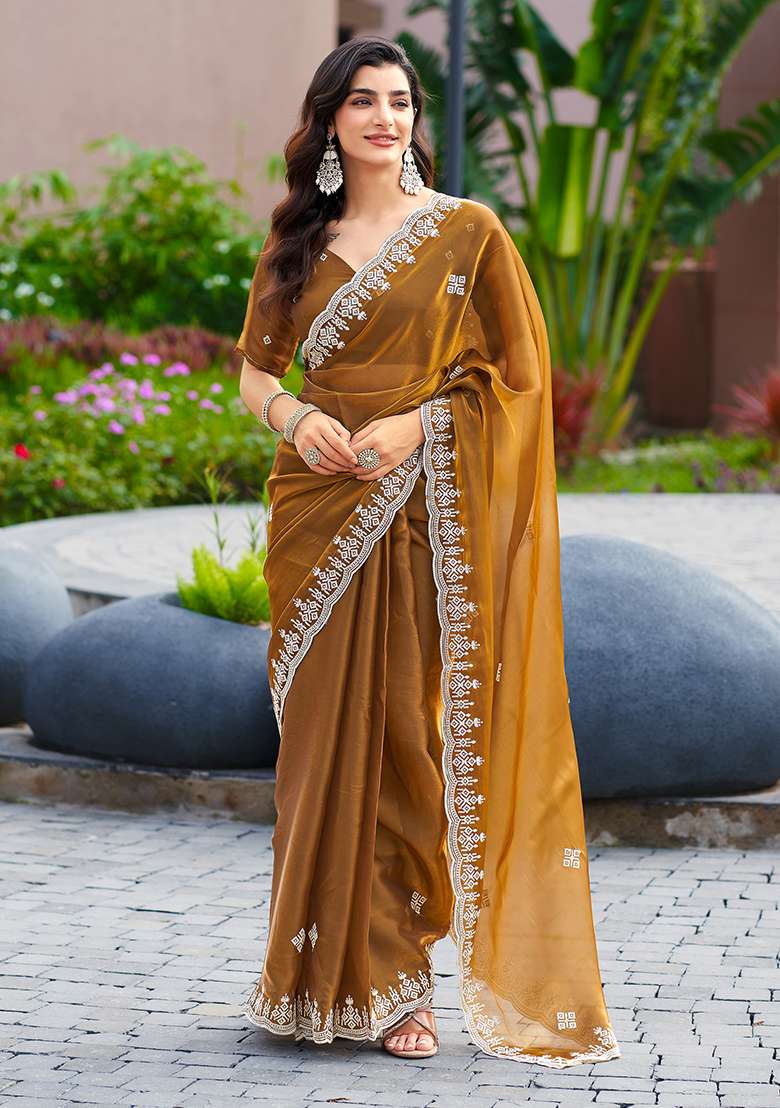 Brown Embroidery Shimmer Chiffon Saree Set - Indya