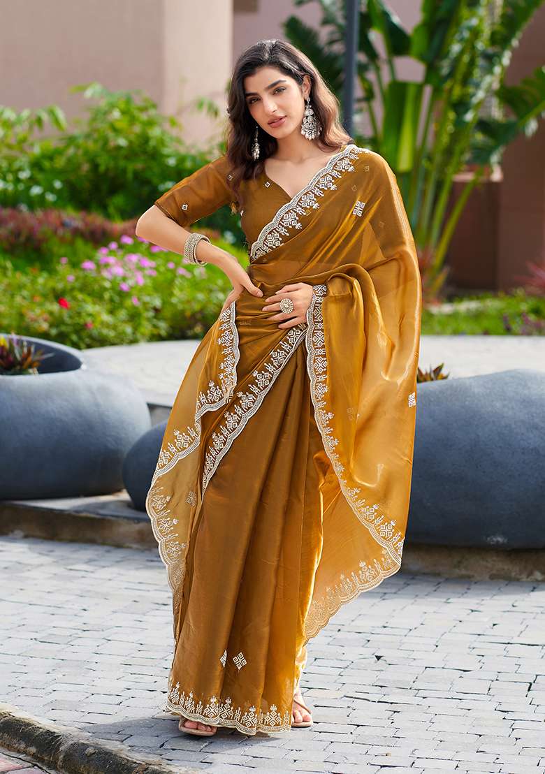 Brown Embroidery Shimmer Chiffon Saree Set - Indya