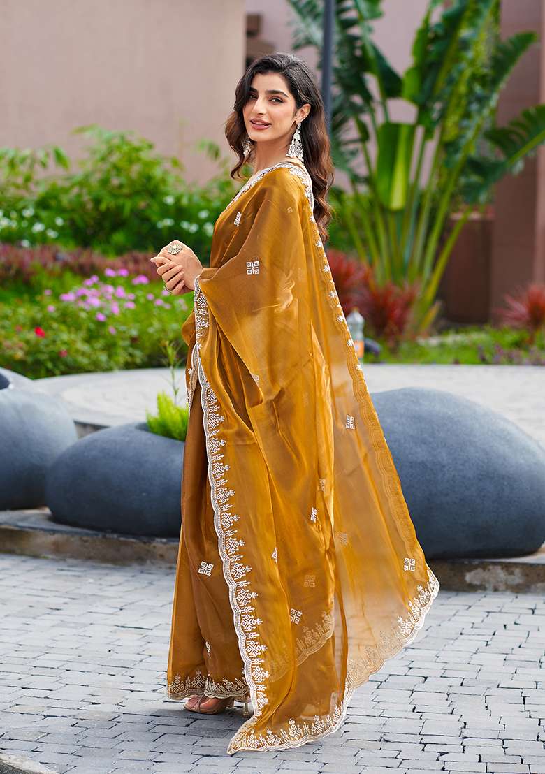 Brown Embroidery Shimmer Chiffon Saree Set - Indya