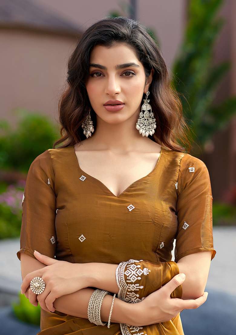 Brown Embroidery Shimmer Chiffon Saree Set - Indya