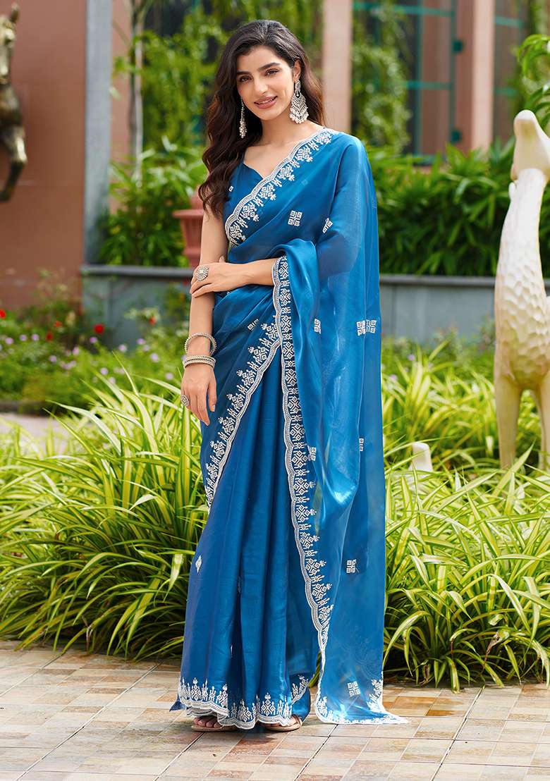 Firozi Embroidery Shimmer Chiffon Saree Set for Diwali and Festive Wear - Indya