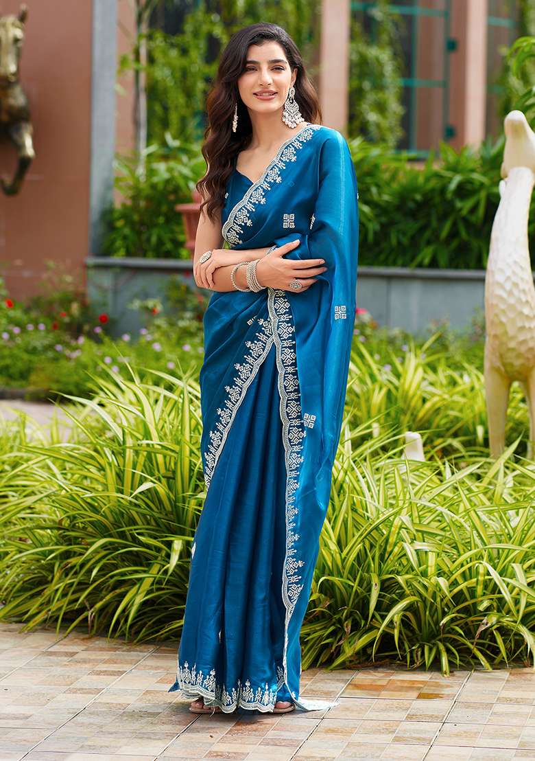 Firozi Embroidery Shimmer Chiffon Saree Set for Diwali and Festive Wear - Indya