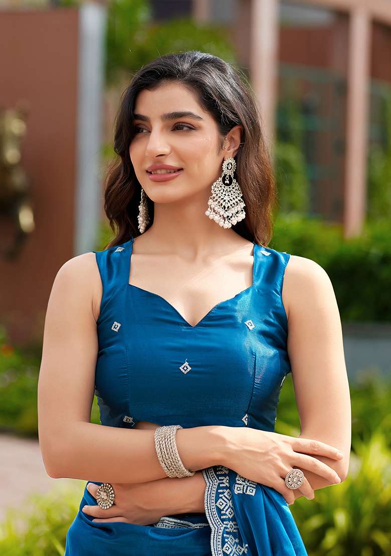 Firozi Embroidery Shimmer Chiffon Saree Set for Diwali and Festive Wear - Indya