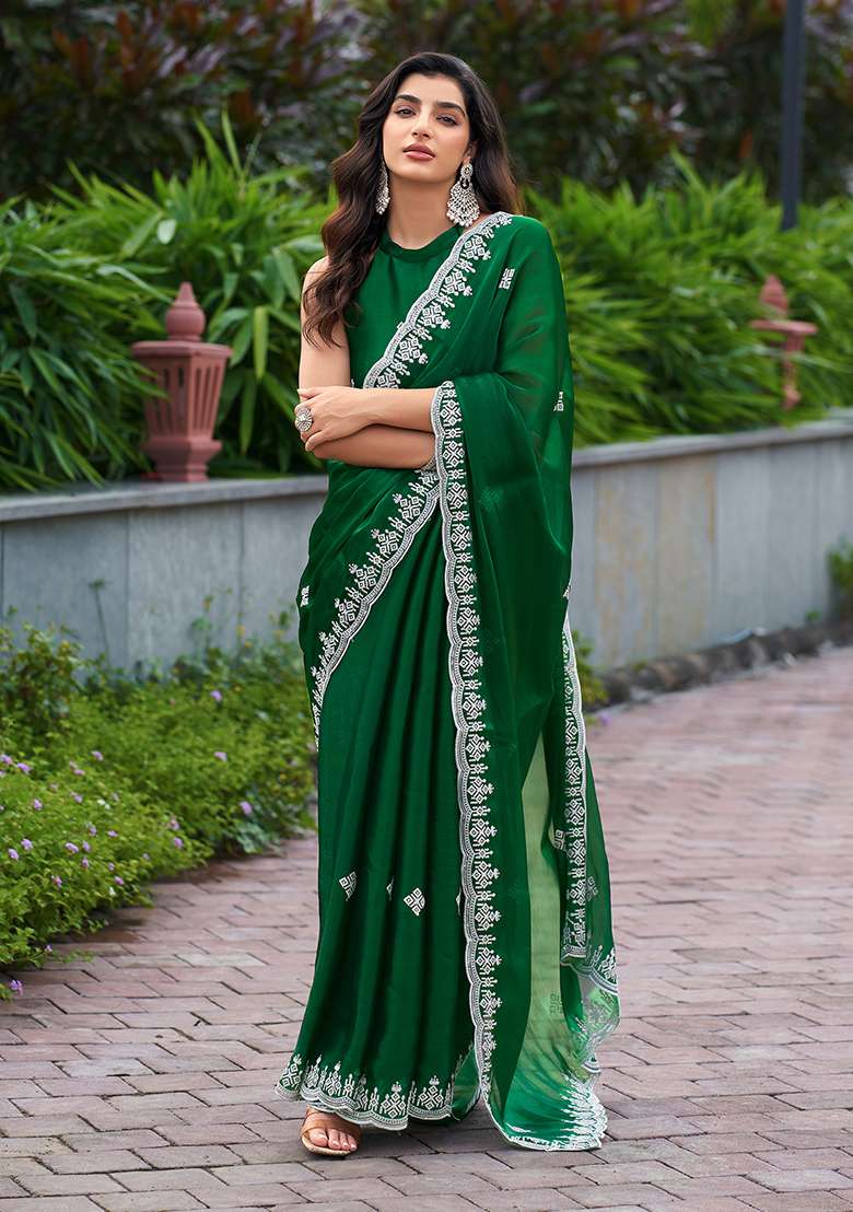 Green Embroidery Shimmer Chiffon Saree Set for Diwali and Festive Wear - Indya