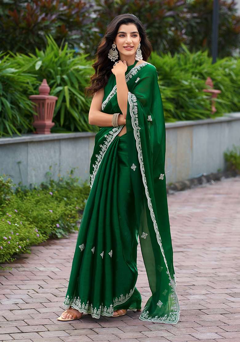 Green Embroidery Shimmer Chiffon Saree Set for Diwali and Festive Wear - Indya