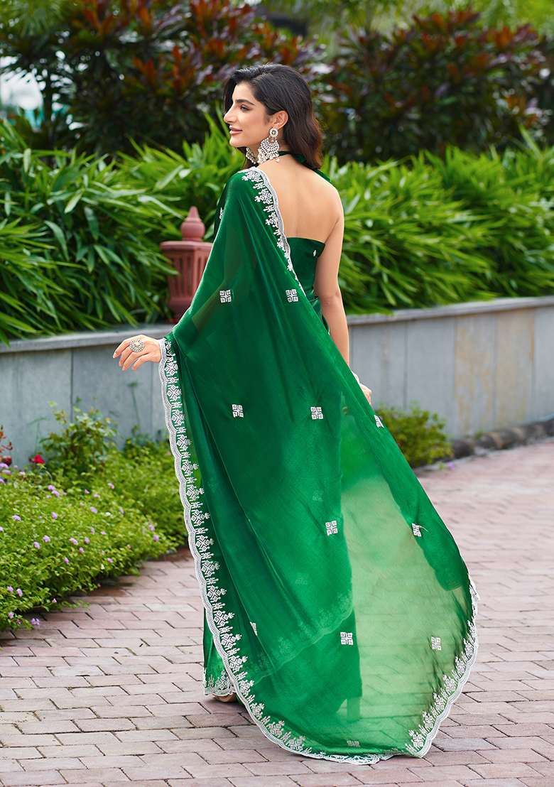 Green Embroidery Shimmer Chiffon Saree Set for Diwali and Festive Wear - Indya