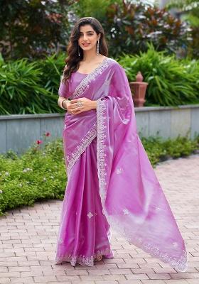 Light Pink Embroidery Shimmer Chiffon Saree Set