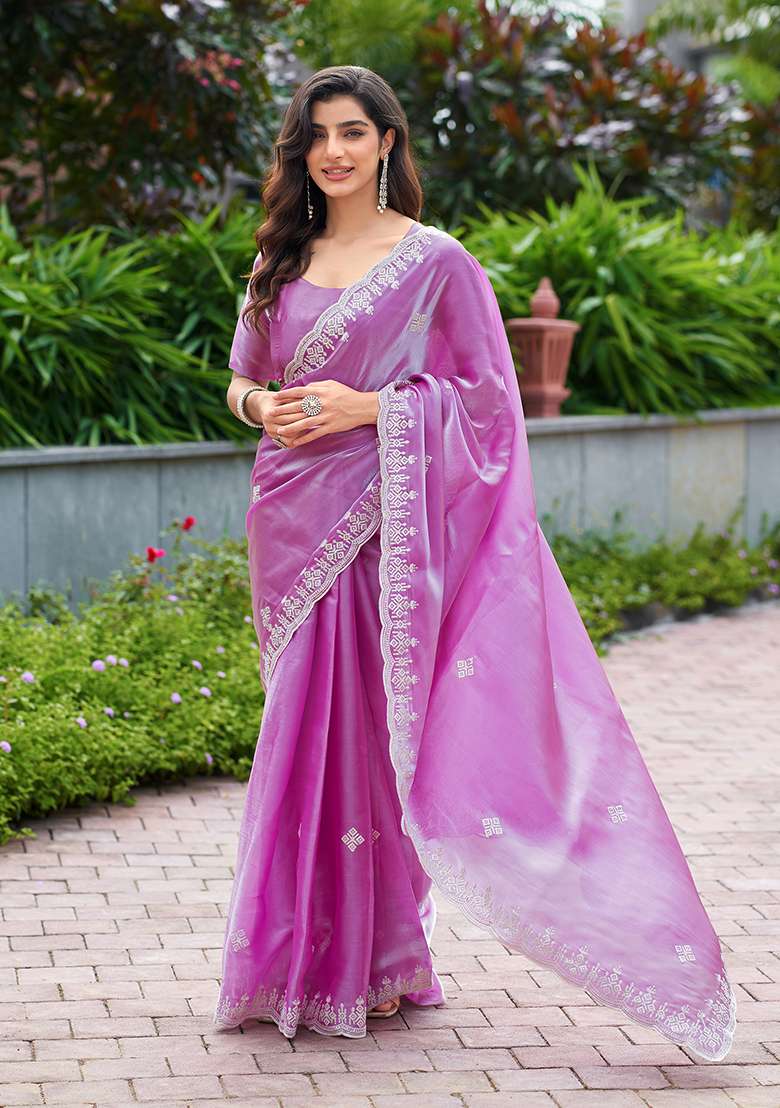Light Pink Shimmer Chiffon Saree Set with Embroidery for Diwali | Wedding & Festive Wear - Indya