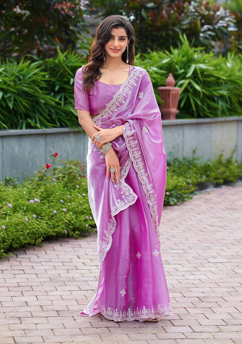Light Pink Shimmer Chiffon Saree Set with Embroidery for Diwali | Wedding & Festive Wear - Indya