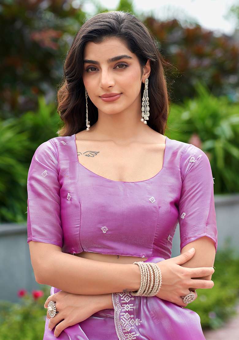 Light Pink Shimmer Chiffon Saree Set with Embroidery for Diwali | Wedding & Festive Wear - Indya
