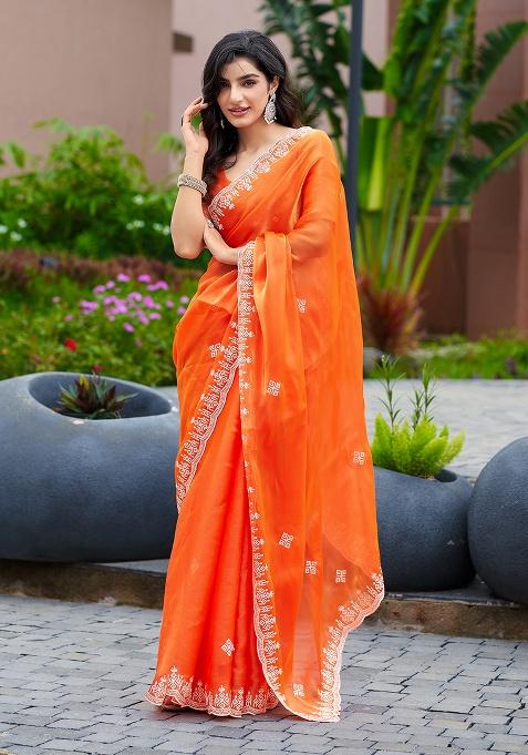 Orange Embroidery Shimmer Chiffon Saree Set
