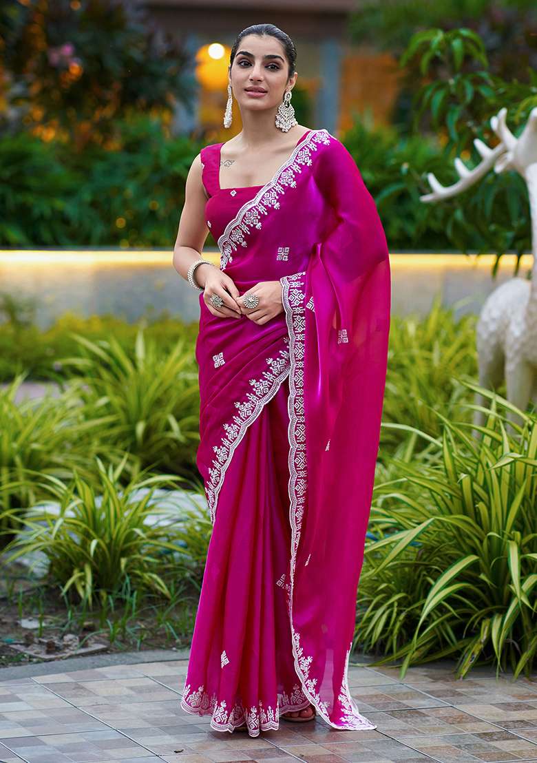 Pink Shimmer Chiffon Saree Set with Embroidery for Diwali | Wedding & Festive Wear - Indya