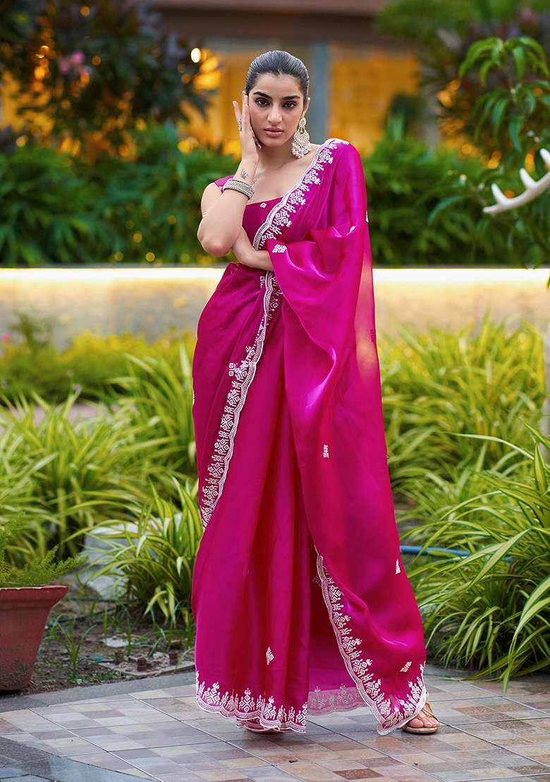 Pink Shimmer Chiffon Saree Set with Embroidery for Diwali | Wedding & Festive Wear - Indya