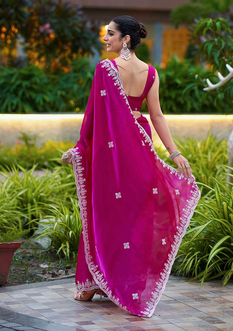 Pink Shimmer Chiffon Saree Set with Embroidery for Diwali | Wedding & Festive Wear - Indya