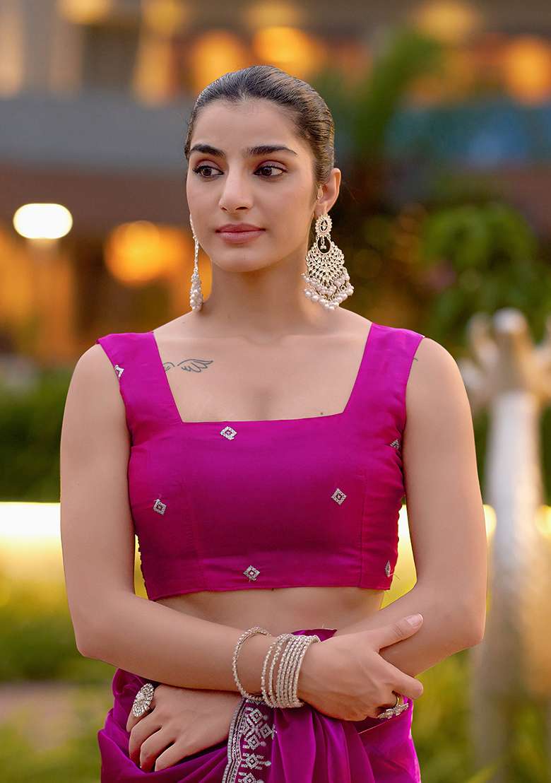 Pink Shimmer Chiffon Saree Set with Embroidery for Diwali | Wedding & Festive Wear - Indya
