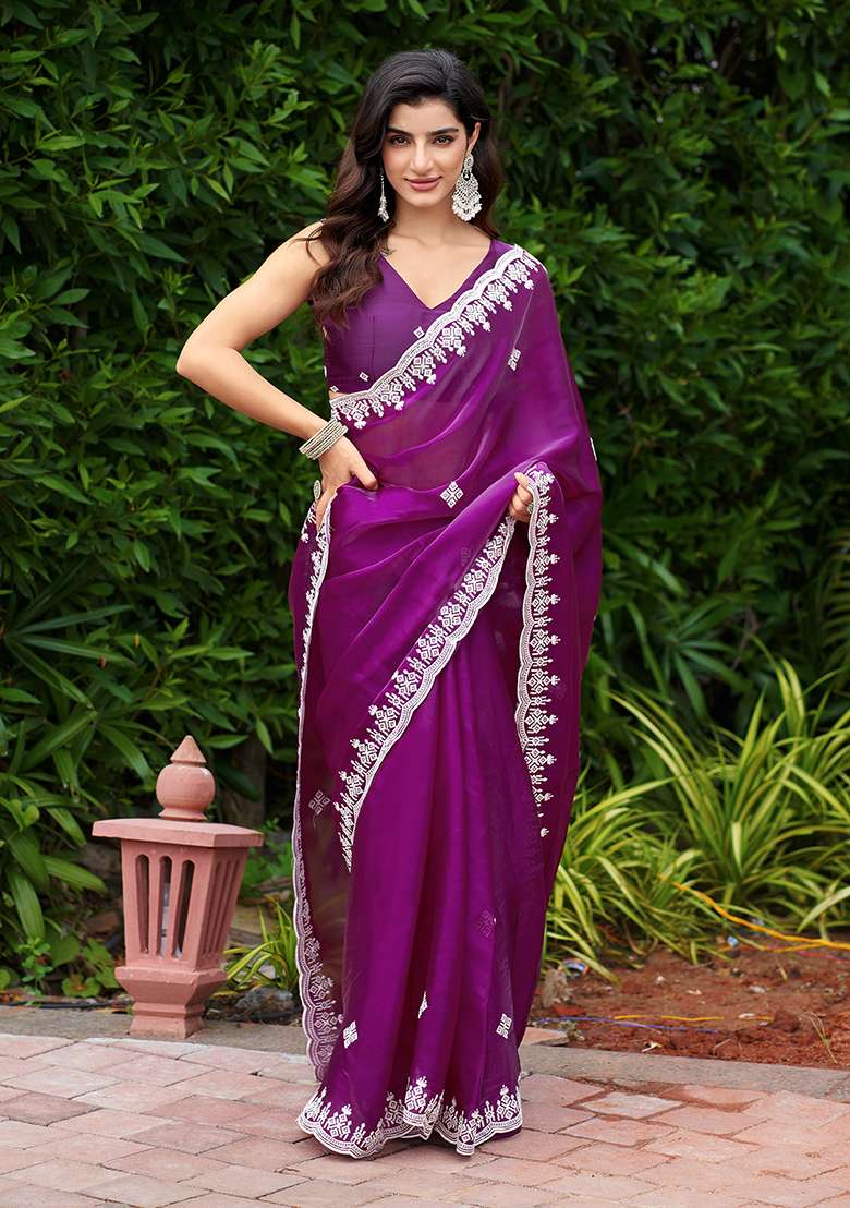 Purple Shimmer Chiffon Saree Set with Embroidery for Diwali | Wedding & Festive Wear - Indya