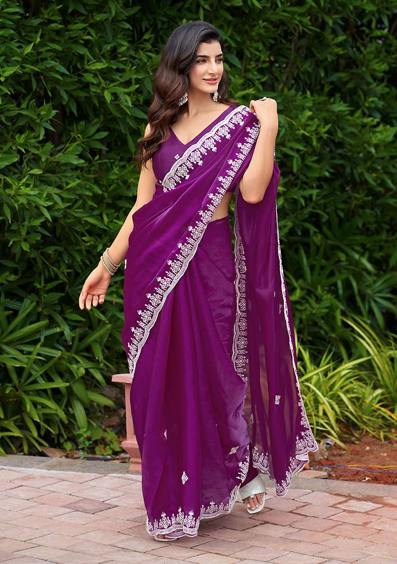 Purple Shimmer Chiffon Saree Set with Embroidery for Diwali | Wedding & Festive Wear - Indya