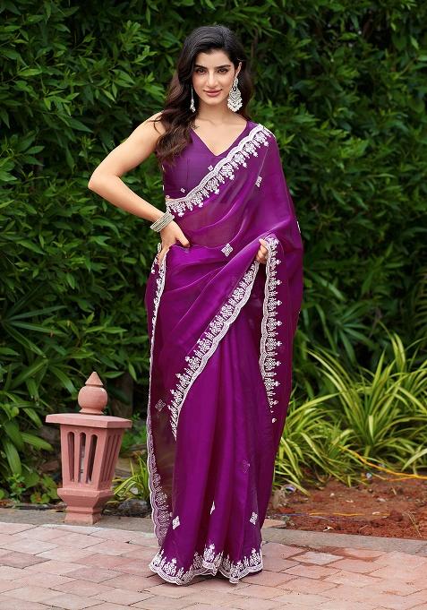 Purple Embroidery Shimmer Chiffon Saree Set