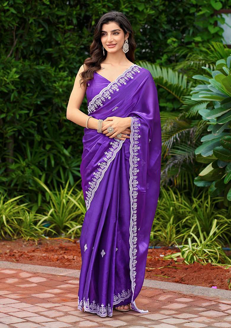 Purple Blue Shimmer Chiffon Saree Set with Embroidery for Diwali | Wedding & Festive Wear - Indya