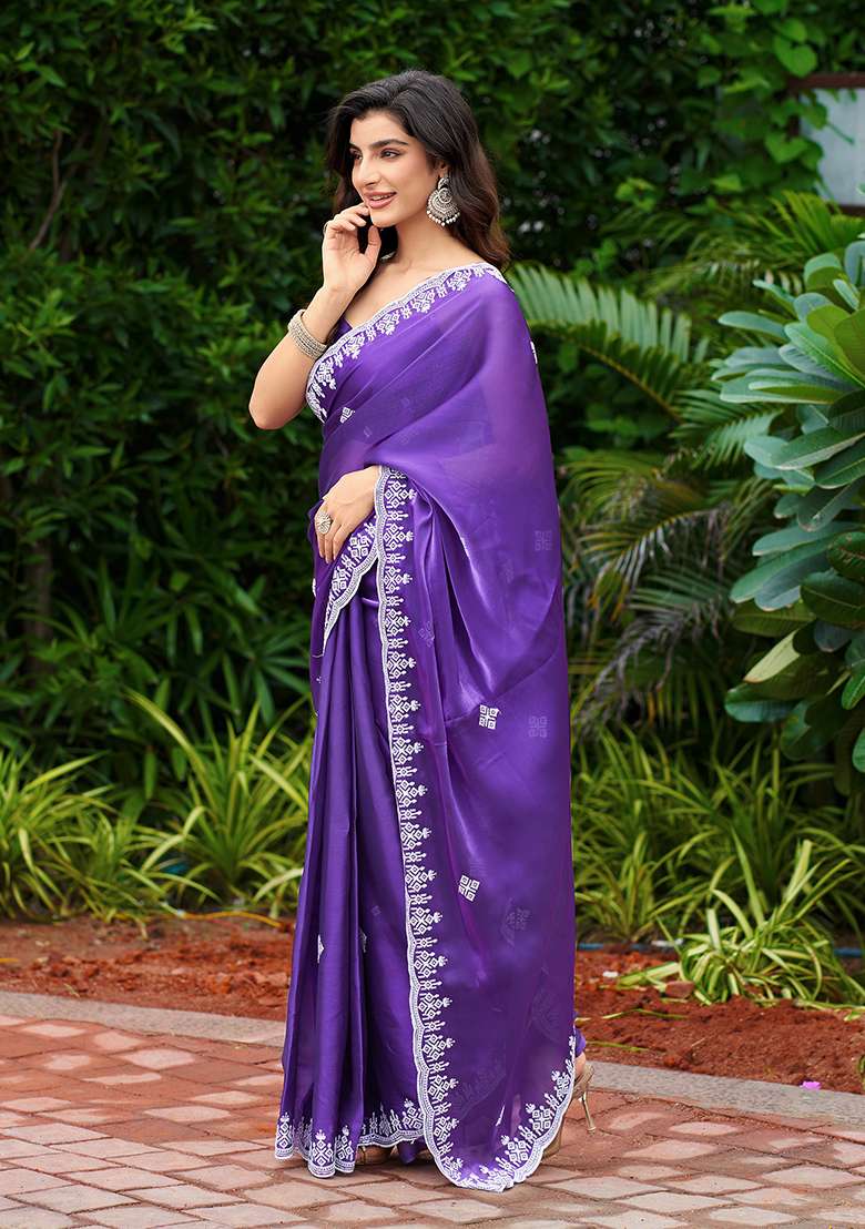 Purple Blue Shimmer Chiffon Saree Set with Embroidery for Diwali | Wedding & Festive Wear - Indya