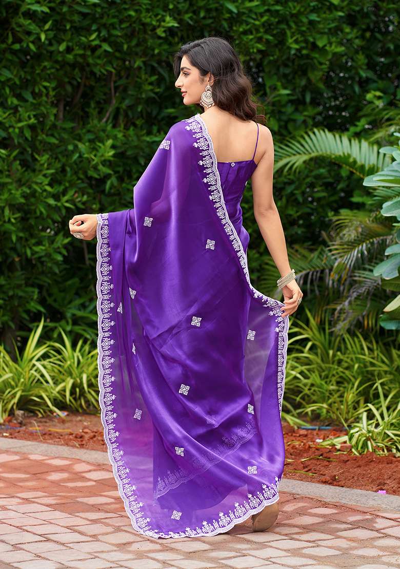 Purple Blue Shimmer Chiffon Saree Set with Embroidery for Diwali | Wedding & Festive Wear - Indya