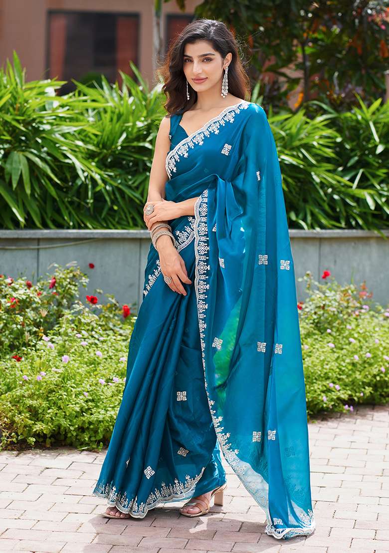 Teal Blue Embroidery Shimmer Chiffon Saree Set for Diwali and Festive Wear - Indya