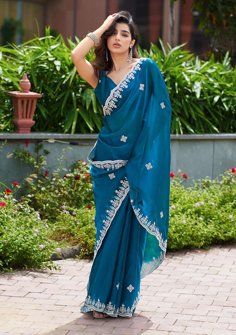 Teal Blue Embroidery Shimmer Chiffon Saree Set for Diwali and Festive Wear - Indya