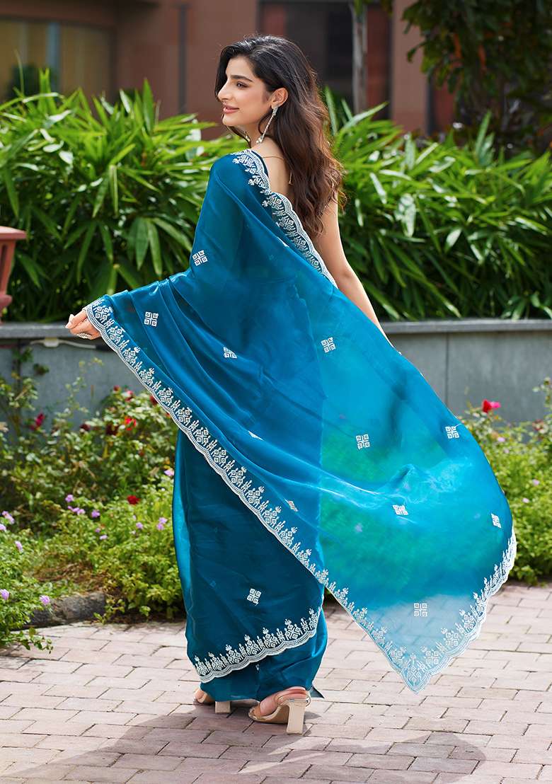 Teal Blue Embroidery Shimmer Chiffon Saree Set for Diwali and Festive Wear - Indya