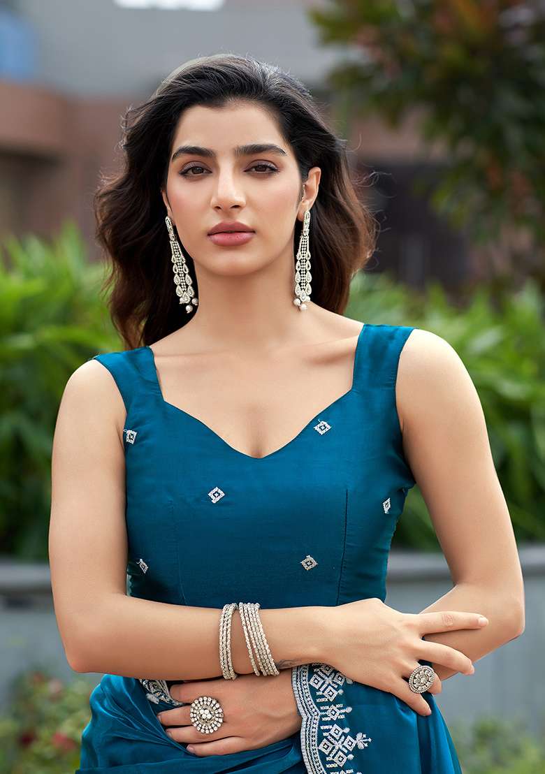 Teal Blue Embroidery Shimmer Chiffon Saree Set for Diwali and Festive Wear - Indya